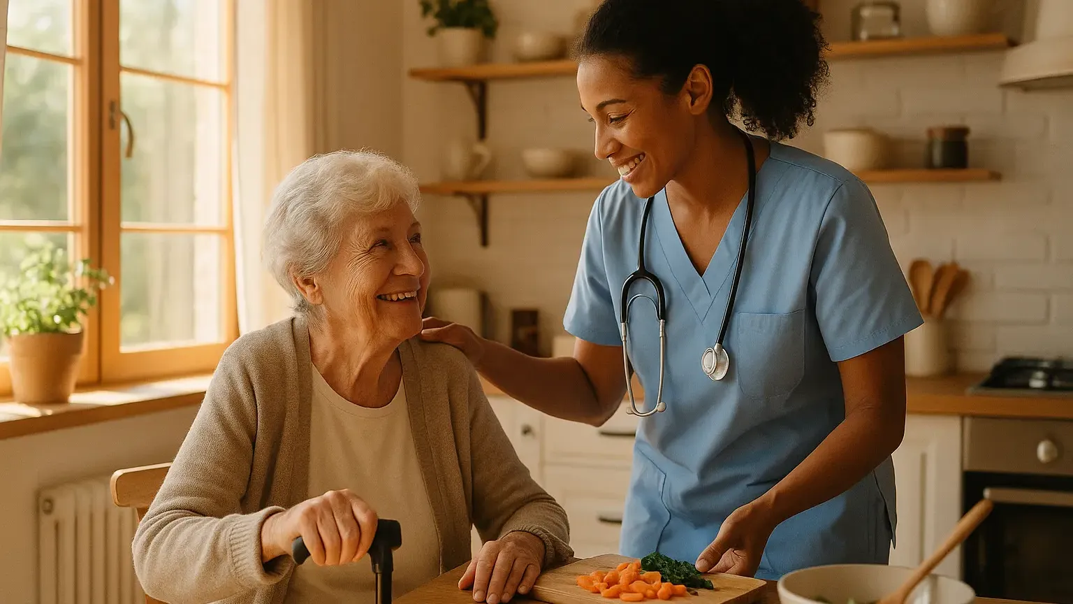 Caregiver assisting an older adult at home as part of home care services